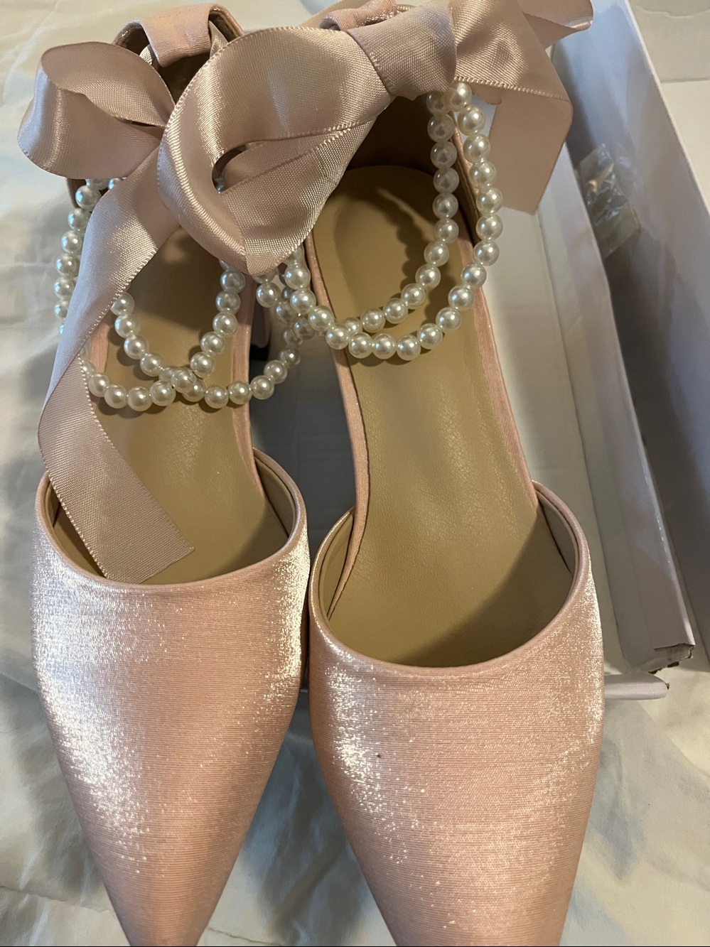 Pearl-Embellished Satin Pointed Toe Flats - Blush Pink
